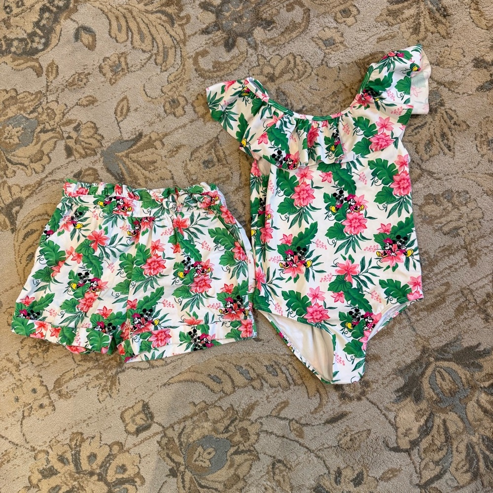Janie and Jack Green and Pink Minnie Floral Swimsuit and Shorts Bundle